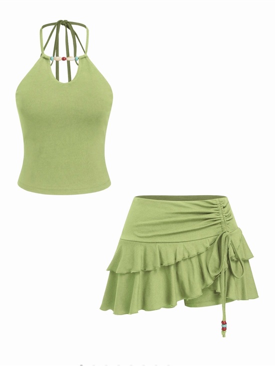 Cider Dresses & Skirts - Green Halter Tank and Ruffle Skort Set Cider